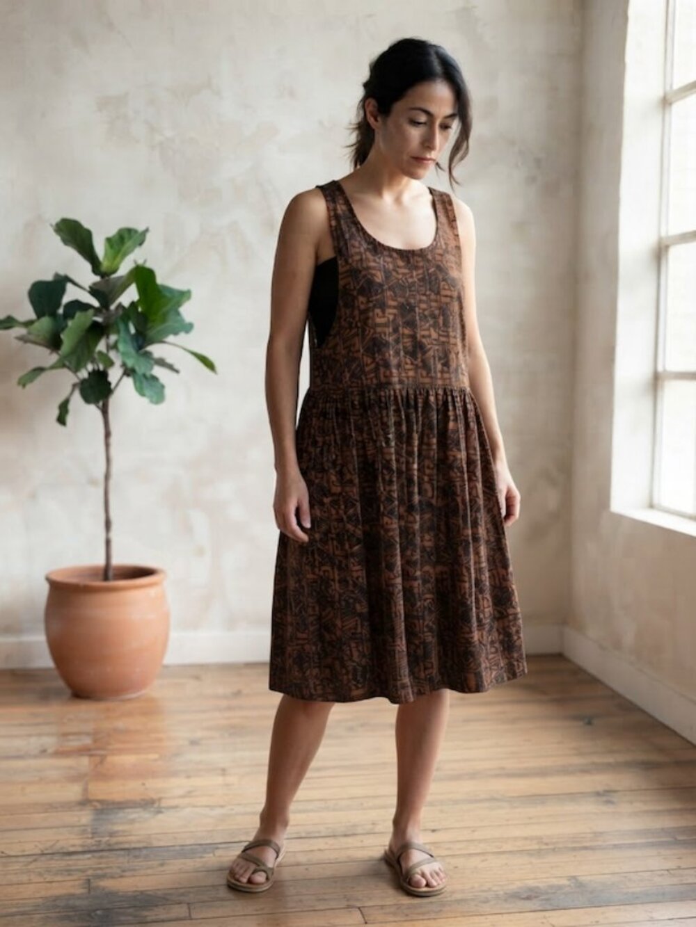 Handmade Vintage Geometric Print Sundress Indie Drop Waist Brown Medium